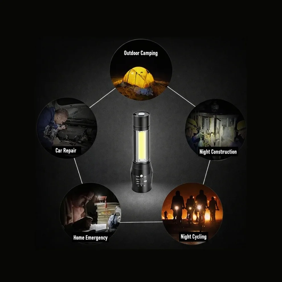 Multipurpose rechargeable emergency torch ideal for camping, cycling, repairs, and outdoor activities.