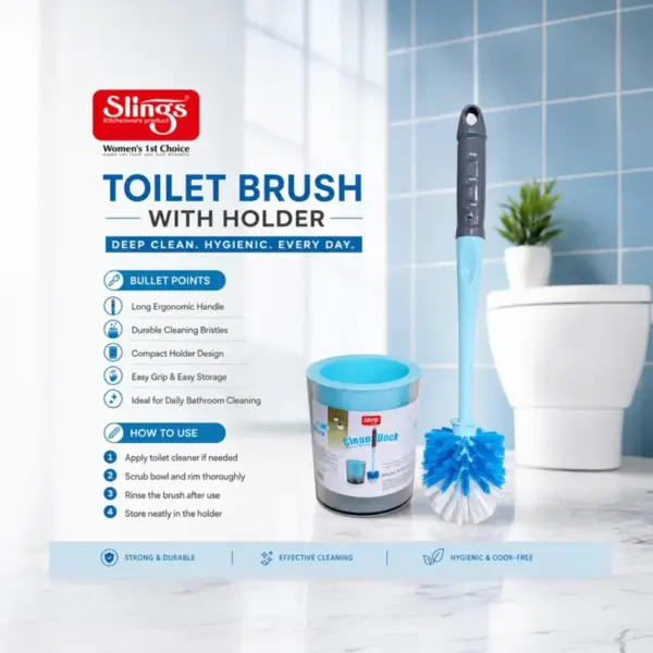 Slings Clean Dock toilet brush with long handle and rubberised grip for comfortable cleaning