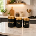 Premium tea coffee sugar jar set displayed beautifully on a modern kitchen countertop.