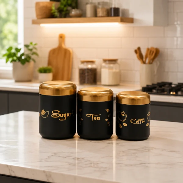 Premium tea coffee sugar jar set displayed beautifully on a modern kitchen countertop.