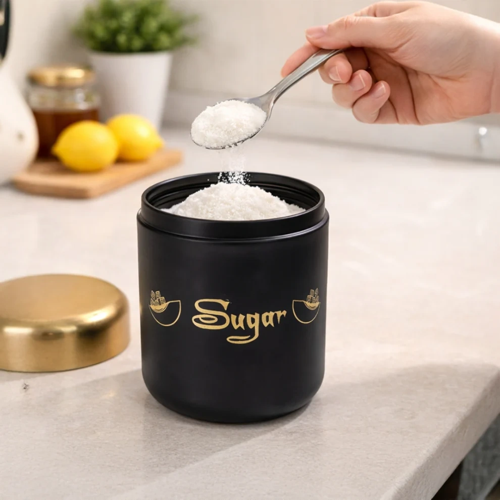 Image 1 – Sugar Jar in Use Alt Text: Premium airtight sugar storage jar with elegant design for organized modern kitchen use.
