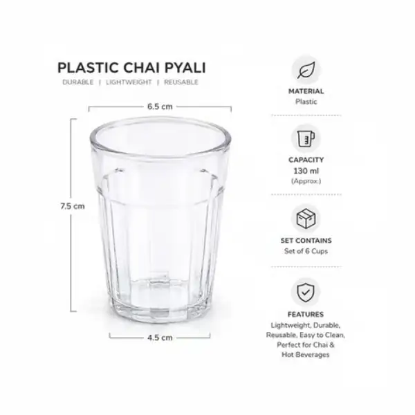 Durable transparent chai pyali cup with size details