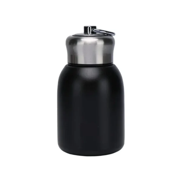 Sleek matte black vacuum insulated flask bottle with stainless steel leakproof cap.