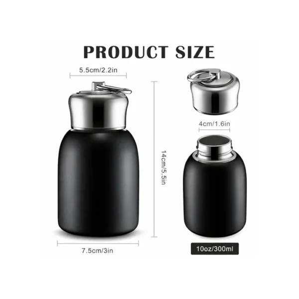 Compact 300ml insulated water bottle with detailed dimensions and premium stainless steel lid.