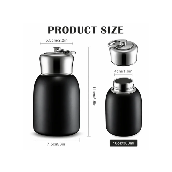 Compact 300ml insulated water bottle with detailed dimensions and premium stainless steel lid.