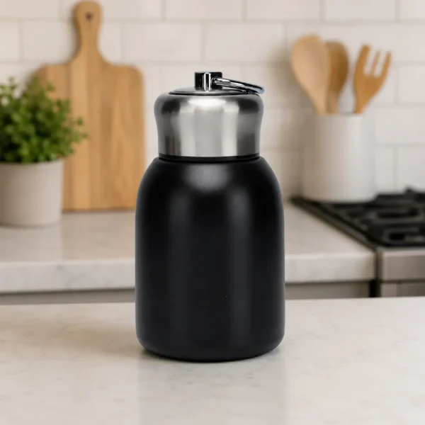 Premium black insulated stainless steel water bottle with steel cap displayed on modern kitchen countertop.