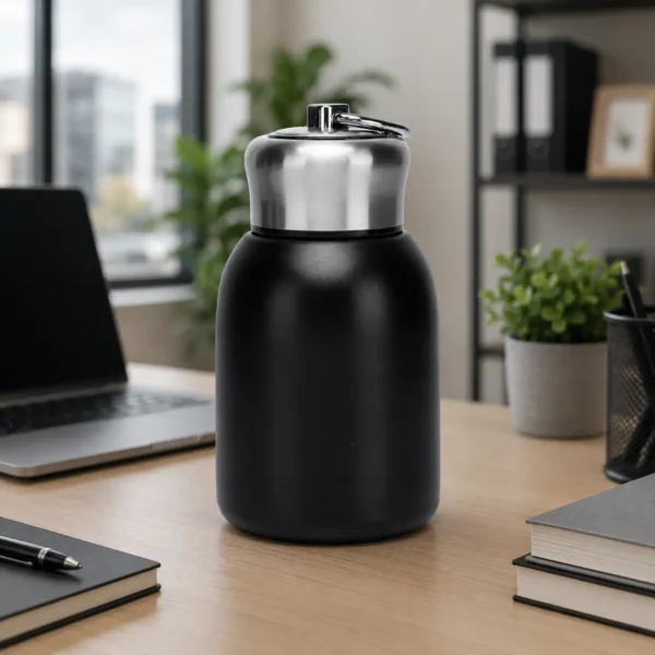 Elegant vacuum insulated black water bottle placed on office desk for daily hydration.
