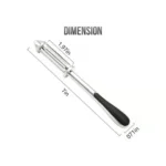 Professional stainless steel peeler with detailed dimensions and ergonomic size specifications.