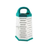 Premium 6-sided kitchen box grater with stainless steel grating surfaces, integrated slicing blade, and ergonomic teal carry handle for efficient cheese grating, vegetable shredding, and food preparation.