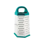 Premium 6-sided kitchen box grater with stainless steel grating surfaces, integrated slicing blade, and ergonomic teal carry handle for efficient cheese grating, vegetable shredding, and food preparation.