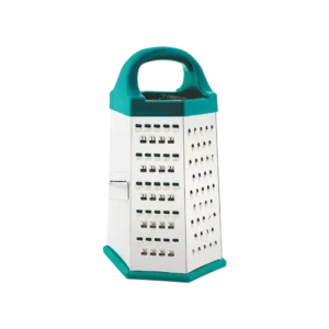 Premium 6-sided kitchen box grater with stainless steel grating surfaces, integrated slicing blade, and ergonomic teal carry handle for efficient cheese grating, vegetable shredding, and food preparation.