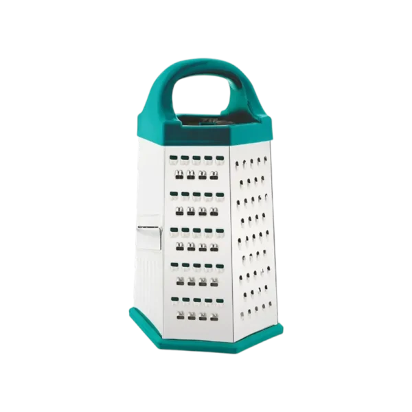Premium 6-sided kitchen box grater with stainless steel grating surfaces, integrated slicing blade, and ergonomic teal carry handle for efficient cheese grating, vegetable shredding, and food preparation.