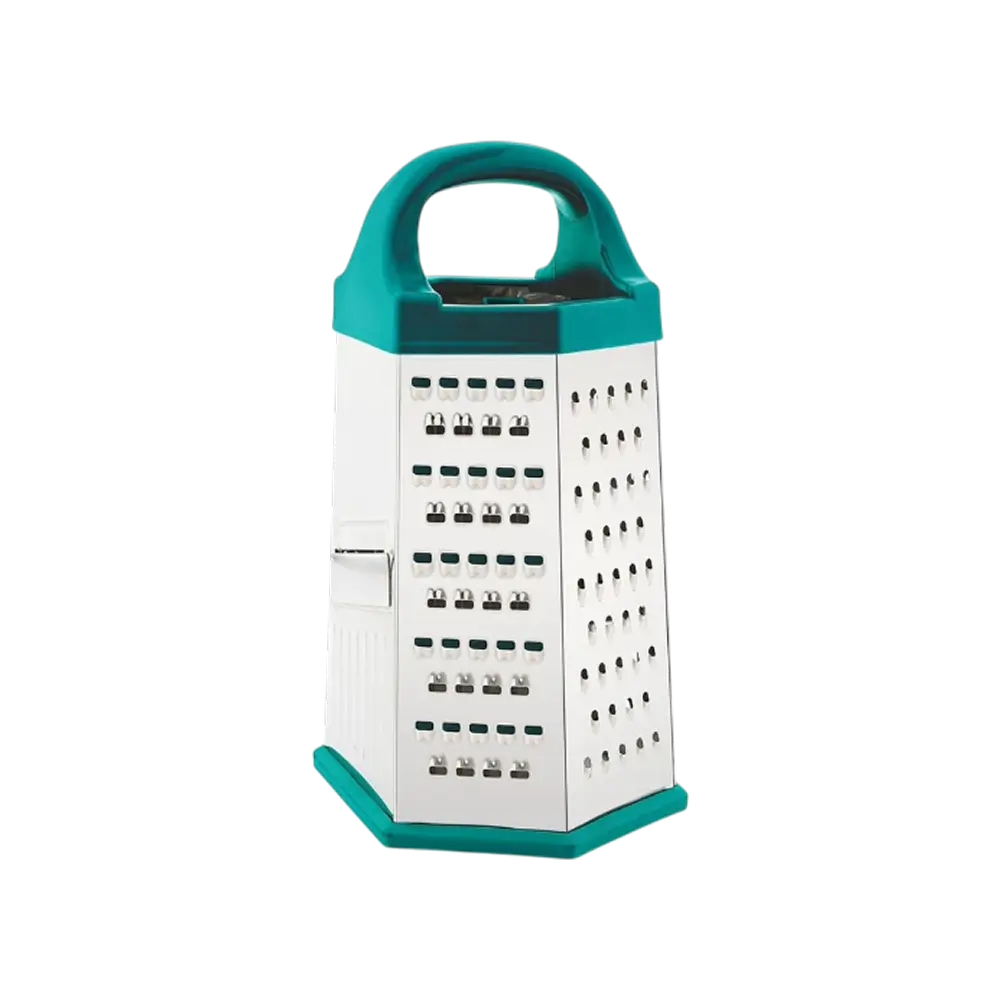 Premium 6-sided kitchen box grater with stainless steel grating surfaces, integrated slicing blade, and ergonomic teal carry handle for efficient cheese grating, vegetable shredding, and food preparation.