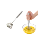 Durable stainless steel semi-automatic egg whisk mixing eggs with push-action handle.