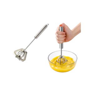 Durable stainless steel semi-automatic egg whisk mixing eggs with push-action handle.