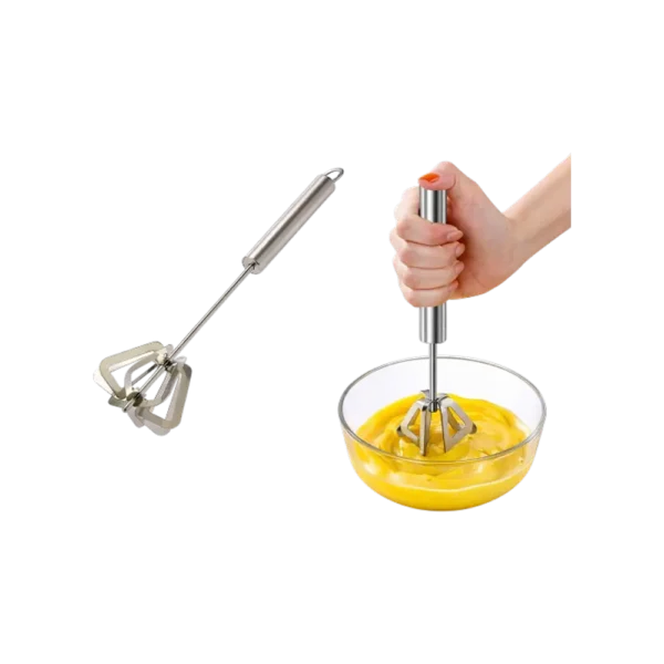Durable stainless steel semi-automatic egg whisk mixing eggs with push-action handle.