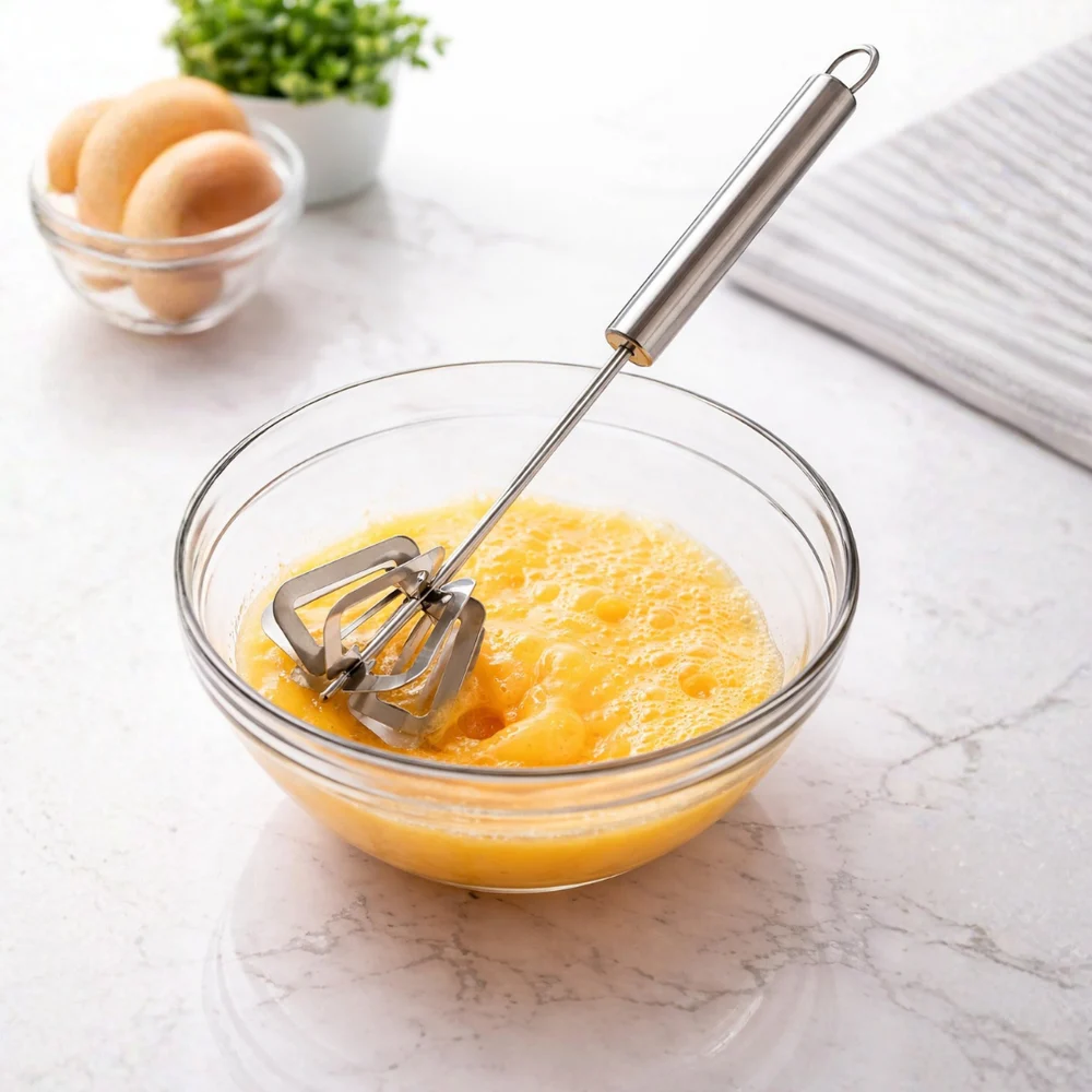 Quality stainless steel push whisk ideal for effortless batter preparation.