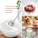 Heavy-duty stainless steel whisk creating smooth cream for desserts and beverages.