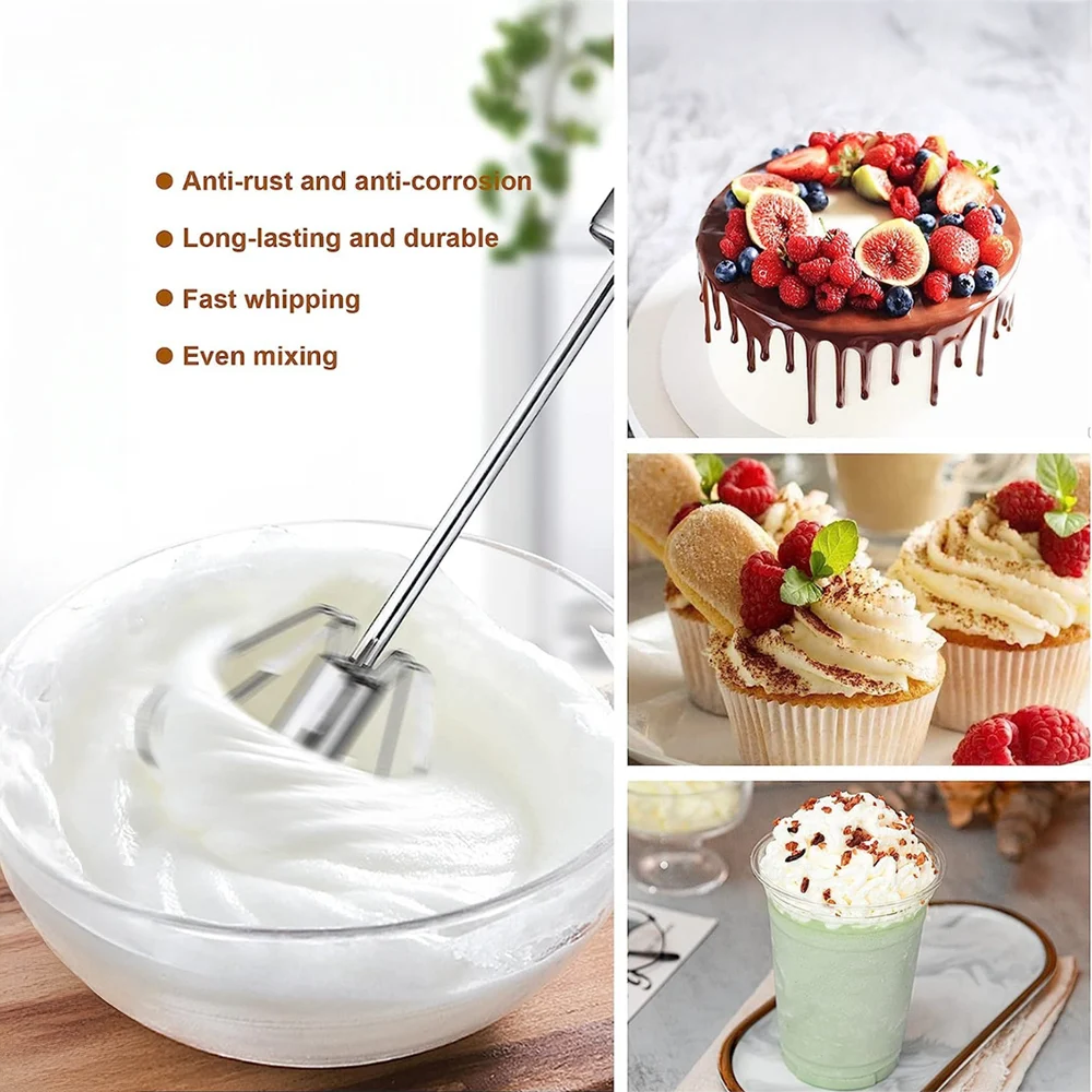 Heavy-duty stainless steel whisk creating smooth cream for desserts and beverages.