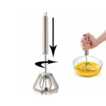 Reliable stainless steel push whisk demonstrating automatic rotating mixing action.