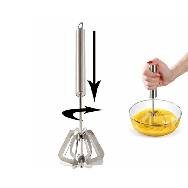 Reliable stainless steel push whisk demonstrating automatic rotating mixing action.