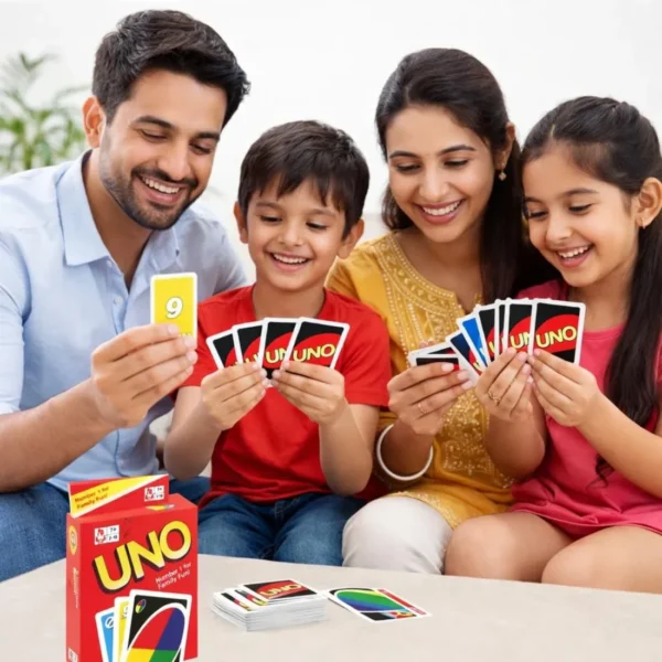 Family-Favorite UNO card game bringing parents and kids together for game night.