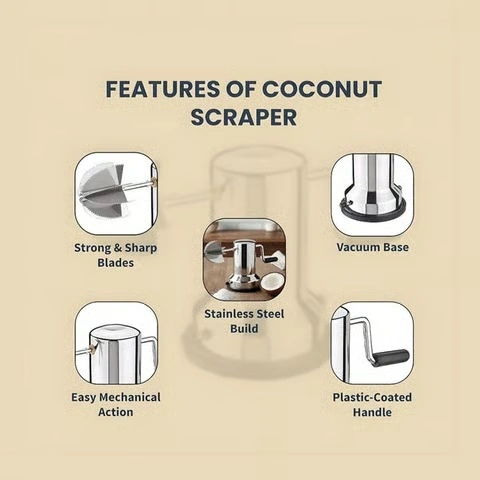 Heavy-duty coconut scraper with sharp blades and strong vacuum base for efficient scraping.