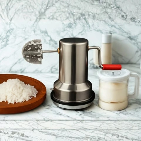 Professional coconut scraper displayed in kitchen with freshly grated coconut and ingredients.
