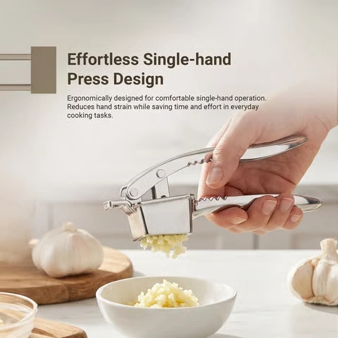 Comfortable single-hand garlic press delivering quick crushing with minimal effort and maximum control.