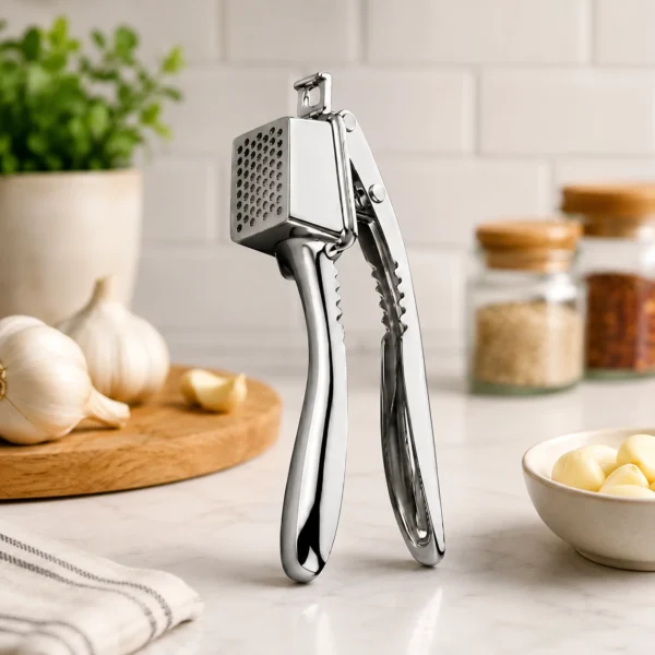 Premium stainless steel garlic press with ergonomic handle for effortless kitchen food preparation.