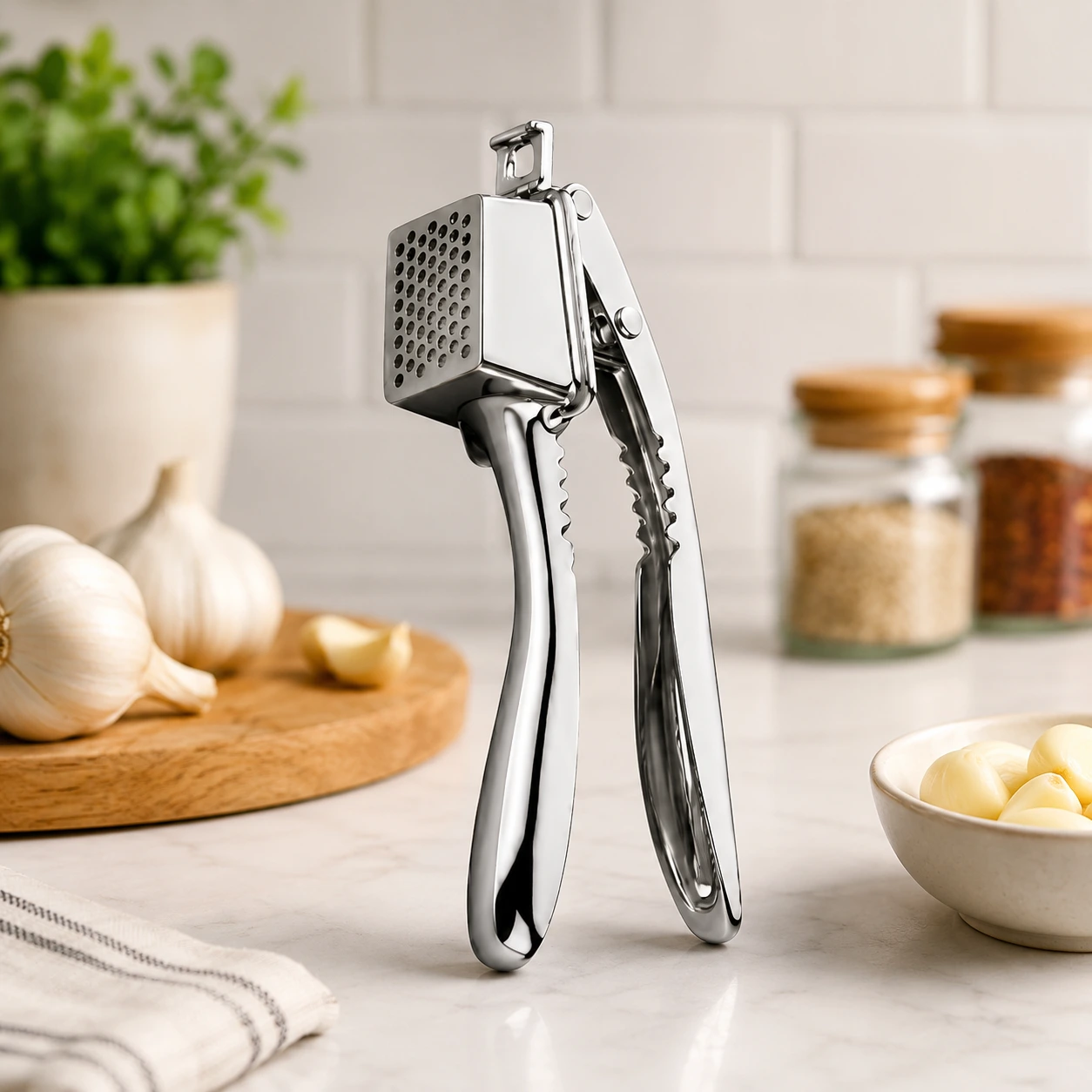 Premium stainless steel garlic press with ergonomic handle for effortless kitchen food preparation.