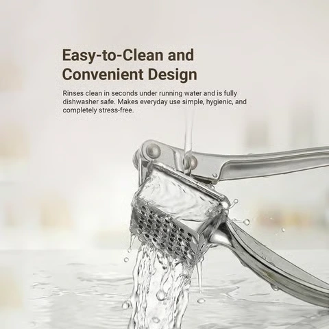 Easy-clean stainless steel garlic press under running water for hygienic everyday kitchen use.