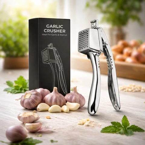 Professional garlic crusher with gift box packaging for convenient cooking and food preparation.