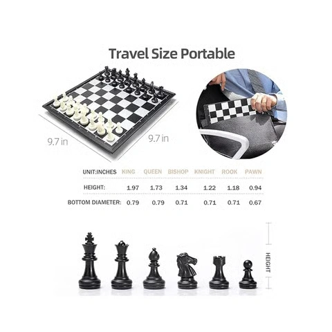 Compact travel-size magnetic chess board with detailed piece dimensions for portable gameplay.