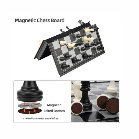 Durable magnetic folding chess board with felt-bottom pieces for stable and scratch-free gameplay.