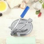 Heavy-duty stainless steel roti press with ergonomic handle for efficient kitchen preparation.