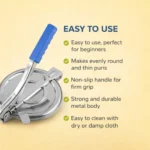 Easy-to-use stainless steel roti maker press with non-slip handle and durable metal body.