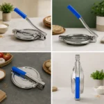 Reliable stainless steel roti maker shown from multiple angles highlighting compact foldable design.