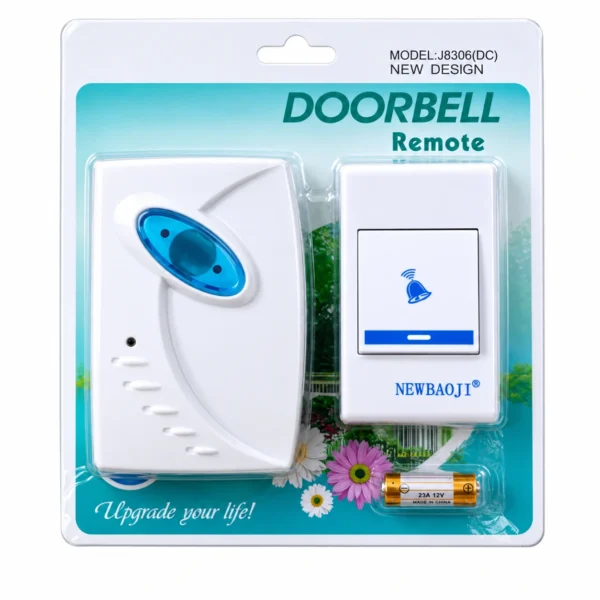 Complete wireless doorbell set with receiver, transmitter button, and included battery.