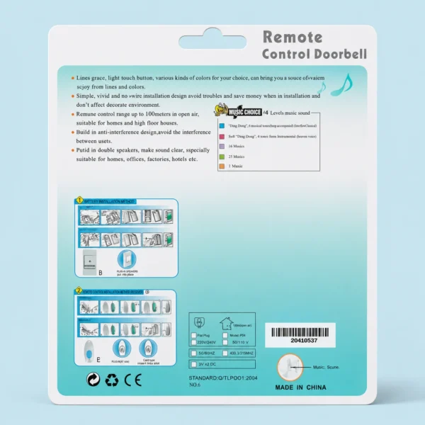 Premium remote-control doorbell packaging displaying installation guide and product specifications.