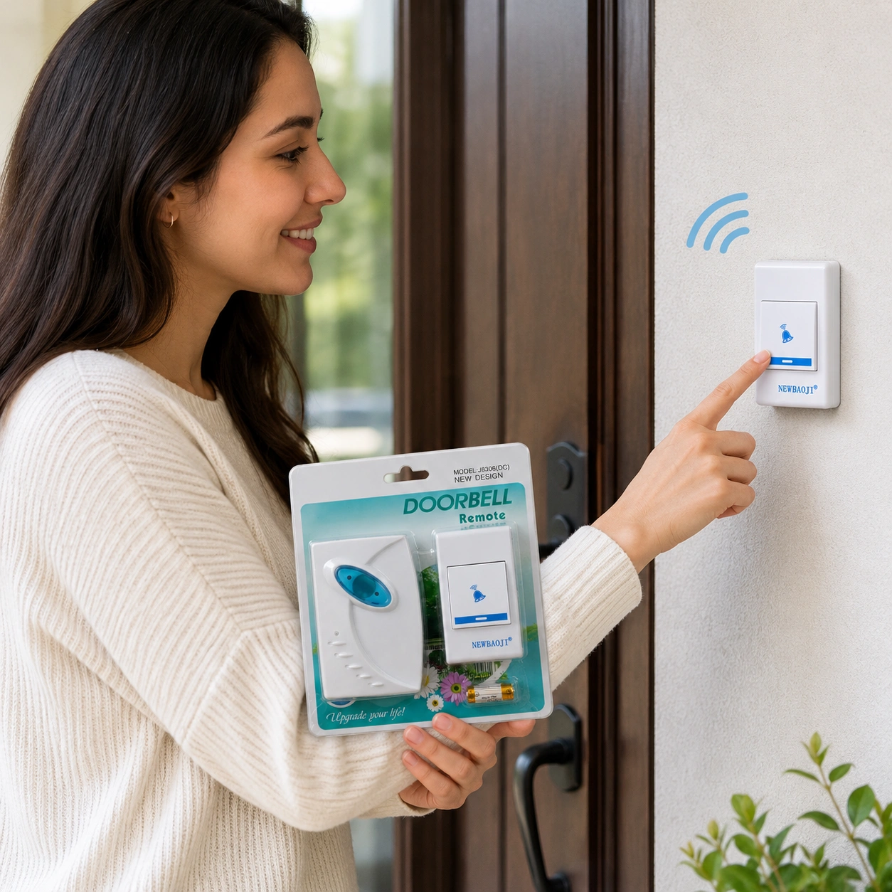 Premium wireless doorbell system being installed and tested beside a modern home entrance.