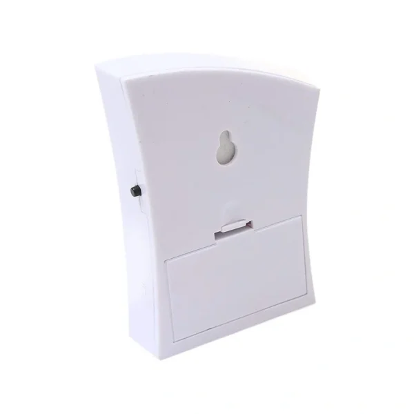 Durable wireless doorbell receiver featuring wall-mount design and secure battery compartment.