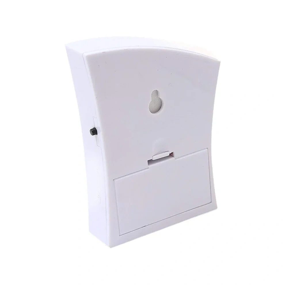 Durable wireless doorbell receiver featuring wall-mount design and secure battery compartment.