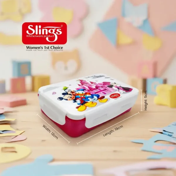 Disney themed lunch box with size dimensions shown clearly