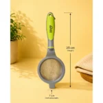 Durable kitchen tea strainer showing dimensions and compact design details.