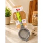 Premium fine mesh tea strainer with ergonomic handle and retail packaging.