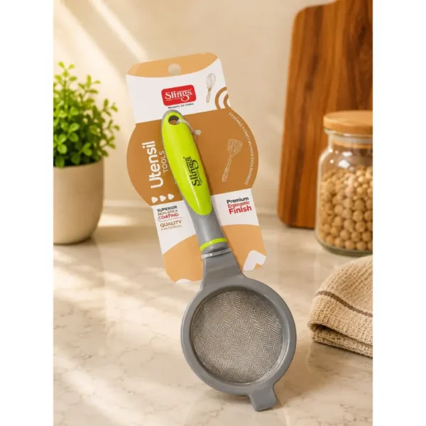 Premium fine mesh tea strainer with ergonomic handle and retail packaging.