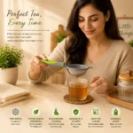 Premium tea strainer filtering loose tea leaves into glass cup.