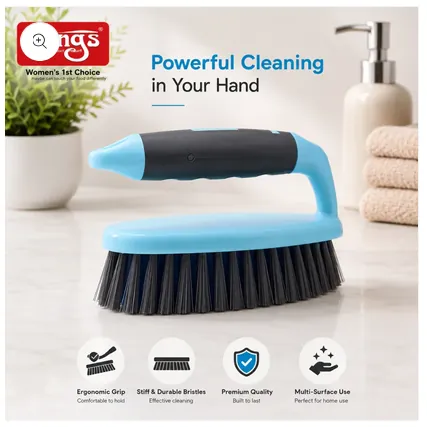 Durable household cleaning brush with soft grip handle and strong bristles.