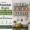 Stainless steel 2-tier container rack organizing spice jars in a small kitchen